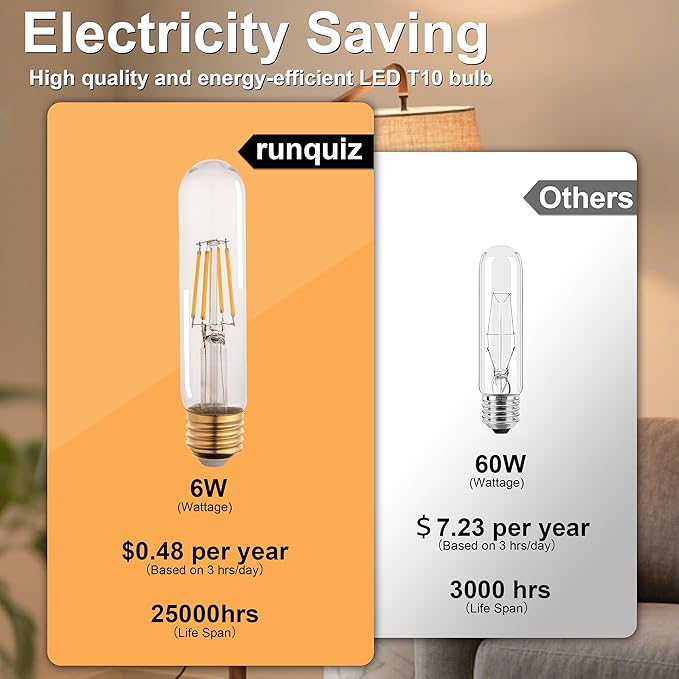 T10 Tubular Led Bulbs 60w Equivalent, Dimmable 5.25 Inch Led Tube Bulb, E26 T30 Edison Tubular Clear Light Bulbs, 2700K Warm Light Long Skinny 6W 10 Pack