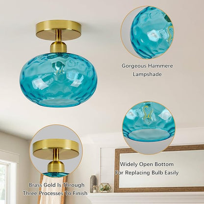 Blue Glass Semi Flush Mount Ceiling Light - 7.9 Inch Hammered Art Deco Glass Small Hallway Light fixtures, Vintage Gold Flush Mount Ceiling Light for entryway Foyer Laundry Room Kitchen