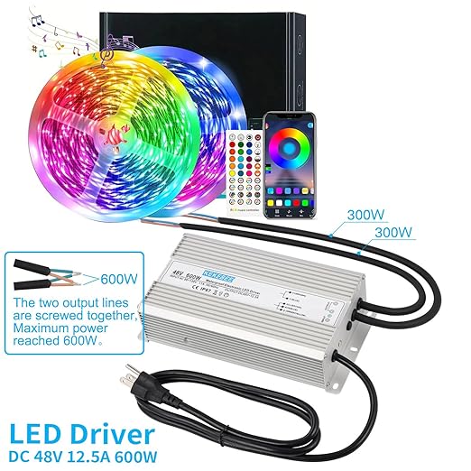 LED Driver 48V600W Waterproof Power Supply AC90-130V to DC48V12.5A Low Voltage Converter IP67 Transformer Suitable for Indoor and Outdoor LED Lighting and Any 48V DC Device