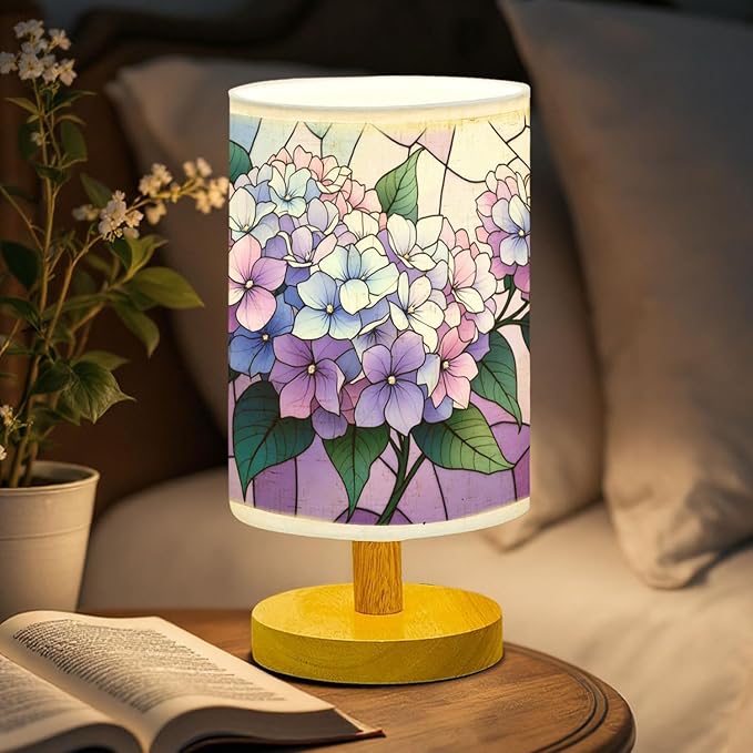 Hydrangea Table Lamp LED 3-Color Pressed Bedside, Hydrangea Shade Lamp with Wood Base for Bedroom Living Room Desk Office TL01