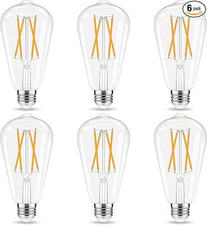 LED Edison Bulbs, E26 Bulb 60 watt Equivalent, Non-Dimmable, Soft White 2700K, ST58 Vintage Light Bulbs, 90+ CRI, 6W 600LM, E26 Medium Base, Clear Glass, 6 Pack
