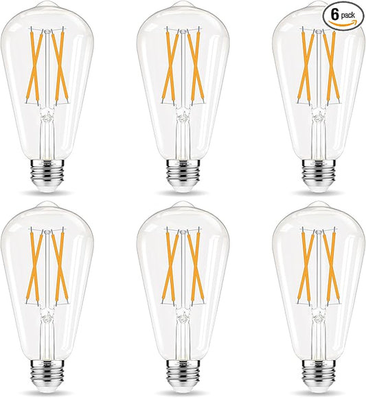 LED Edison Bulbs, E26 Bulb 60 watt Equivalent, Non-Dimmable, Soft White 2700K, ST58 Vintage Light Bulbs, 90+ CRI, 6W 600LM, E26 Medium Base, Clear Glass, 6 Pack