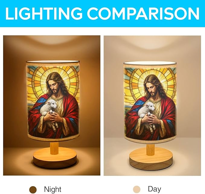 Jesus and The Lamb Table Lamp LED 3-Color Pressed Bedside, Jesus and The Lamb Shade Lamp with Wood Base for Bedroom Living Room Desk Office TL01