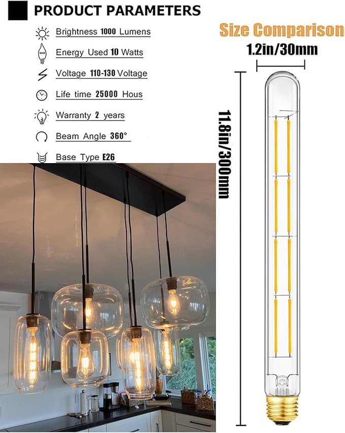 T10 Tubular Bulbs, Dimmable Led Light Bulb,E26 Medium Base,10W Equal 100 Watt,3000K Soft White Light Bulbs,T300 Long Tube Edison Bulbs 11.8in,6Pack.