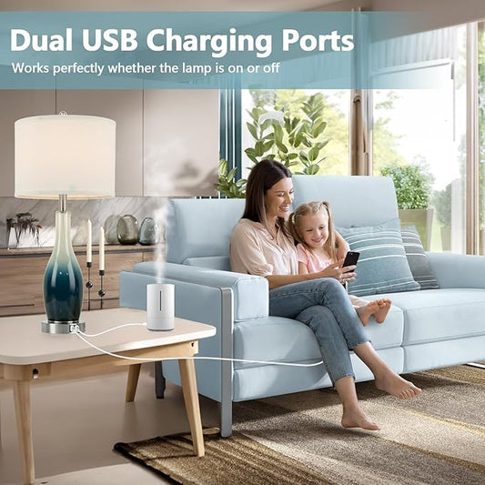 BesLowe 26in Tall Glass Table Lamps Set of 2 with 2 USB Charging Ports & LED Nightlight, Large Coastal Table Lamps for Living Room End Table, Modern Beach Lamps for Bedroom Bedside Nightstand, Blue