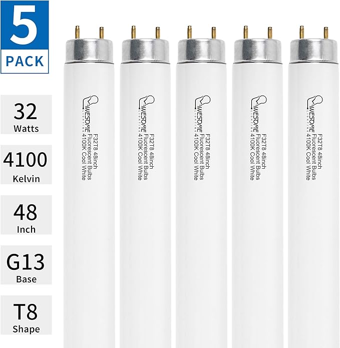 48 Inch F32T8/841 32W T8 Fluorescent Light Bulb, 4100K Cool White, 2800 Lumens, G13 Bi-Pin Base, 4FT T8 Fluorescent Tube Light Bulbs - 5 Pack