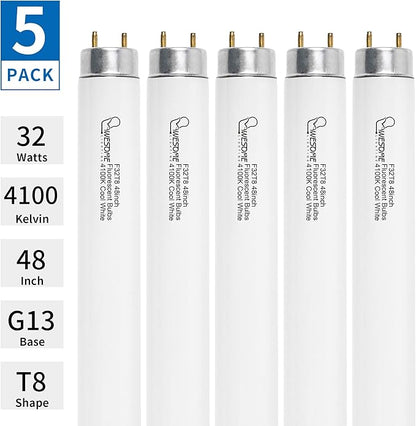 48 Inch F32T8/841 32W T8 Fluorescent Light Bulb, 4100K Cool White, 2800 Lumens, G13 Bi-Pin Base, 4FT T8 Fluorescent Tube Light Bulbs - 5 Pack