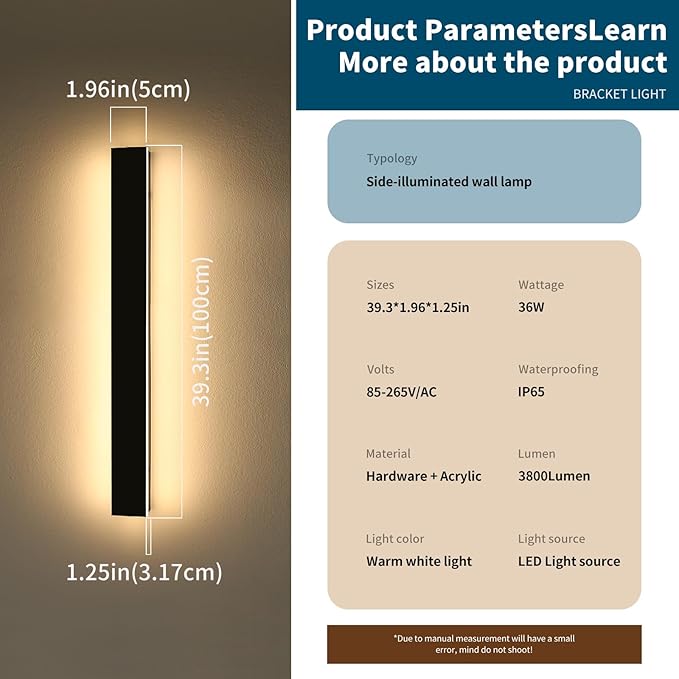 Modern Outdoor Wall Light, 39inch Exterior Wall Sconces, 3000K Warm White Light, Black Minimalist Style, White Acrylic Panel, IP65 Long Garage Lighting Fixtures for Gardens, Front Porch