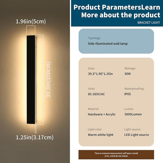Modern Outdoor Wall Light, 39inch Exterior Wall Sconces, 3000K Warm White Light, Black Minimalist Style, White Acrylic Panel, IP65 Long Garage Lighting Fixtures for Gardens, Front Porch