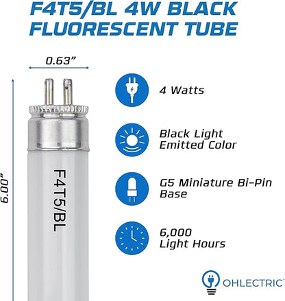OHLECTRIC F4T5/BL Linear Fluorescent Tube 6-Inch (6-Pack) T5 4W Straight Black Light Linear Bulbs, High Output Glow Effect Party Bulb, G5 Base