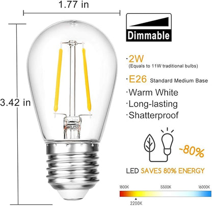 Shatterproof S14 Replacement LED Light Bulbs, 2W, Equivalent to 11-25 Watt, Warm White 2200K, Outdoor String Lights Vintage Edison Bulb, E26 Medium Base, 15-Pack