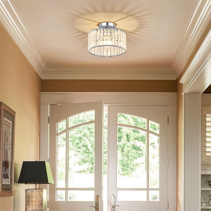 Crystal Chrome Semi Flush Mount Ceiling Light Modern Hallway Light Fixture Metal Close to Lamp for Entryway Bedroom(10.63 inch)
