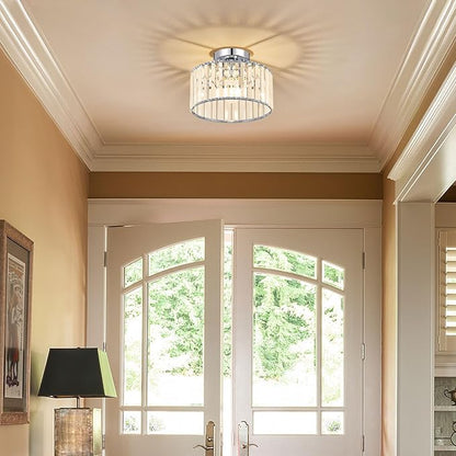 Crystal Chrome Semi Flush Mount Ceiling Light Modern Hallway Light Fixture Metal Close to Lamp for Entryway Bedroom(10.63 inch)