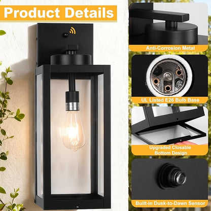 1 Pack 20" Large Dusk to Dawn Outdoor Wall Lantern with Closed Bottom - Black Outdoor Porch Lantern Wall Mounted, Waterproof Modern Outside Wall Sconce Coach Lamp for House, E26