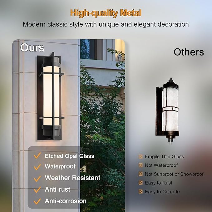 ALVIME Modern Large Outdoor Sconces, 20" H Matte Black Exterior Lighting Fixtures, Waterproof Outdoor Wall Light, Outside Sconce Lights for House, Entryway, Garage, E26 Base&Etched Opal Glass