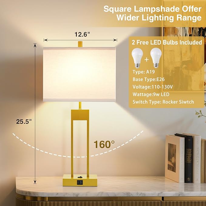 GyroVu 25.5" Nightstand Table Lamps for Bedrooms Set of 2, Bedside Lamp with USB C+A, Colors Changeable Living Room Lamp, Modern Night Stand Lamps for Bed Side Guest Room Reading, Gold+White Shade