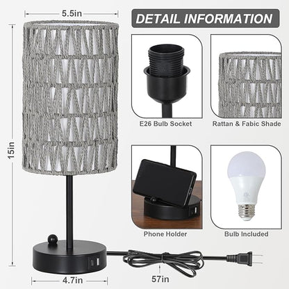 Gray Bedside Lamps Set of 2, Touch Control Night Stand Lamp for Bedroom with Rattan & Linen Shade & Bulbs, 3 Way Dimmable Small Boho Table Lamps with USB Charging Port & Phone Stand