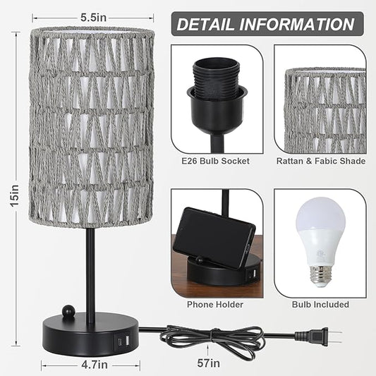 Gray Bedside Lamps Set of 2, Touch Control Night Stand Lamp for Bedroom with Rattan & Linen Shade & Bulbs, 3 Way Dimmable Small Boho Table Lamps with USB Charging Port & Phone Stand