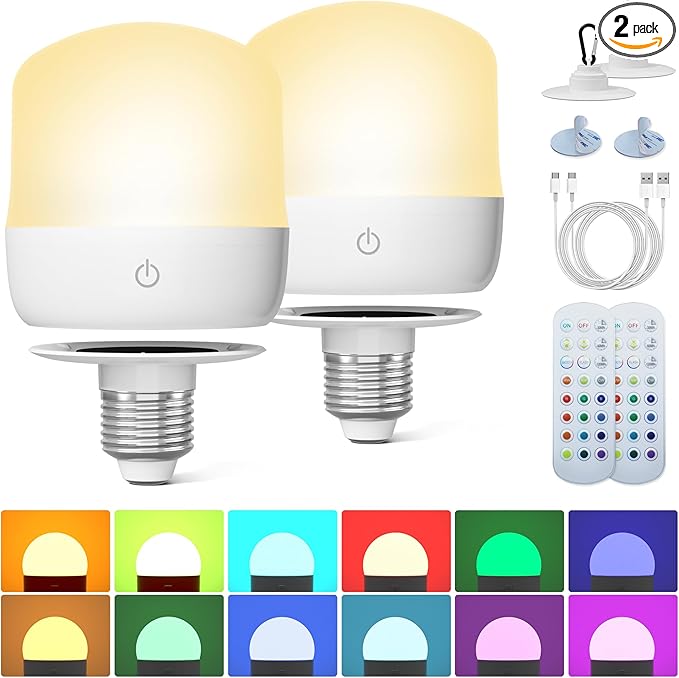 Rechargeable Battery Operated Light Bulb: E26 Wireless LED Night Bulb with Remote Control and Timer for Lamp, 4000mAh 400LM Dimmable Magnetic USB Puck Lights, 3 Color Temperatures+12 RGB Colors, 2pcs