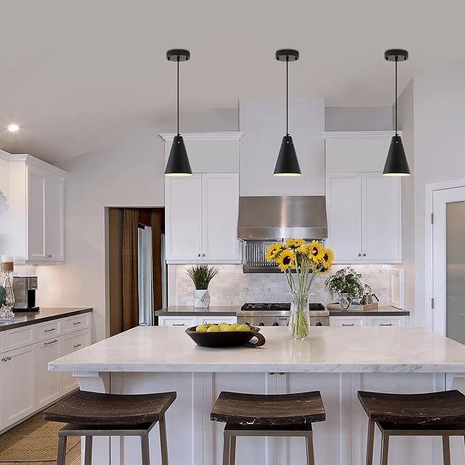 Black Pendant Light for Kitchen light fixtures,Small Modern Industrial Chandeliers with Cone Metal Shade,Mini Adjustable Cord Hanging Lighting Fixtures for Over island,Bar,Dining Room.(1 Pack)