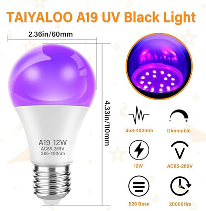 LED UV Black Light Bulb for Halloween Decoration,12W A19 UV Blacklight,100W Equivalent,UVA Level 385-400nm Wavelength,Glow in the Dark for Body Art Paint,Fluorescent Poster,Neon Glow Party,2 Pack