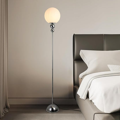 Modern Glass Floor Lamp for Bedroom, 63'' Vintage Mid-Century Floor Lamp with Milky White Frosted Glass Globe Shade for Living Room Corner, Slim Standing Reading Lamp for Office Decor (Chrome)
