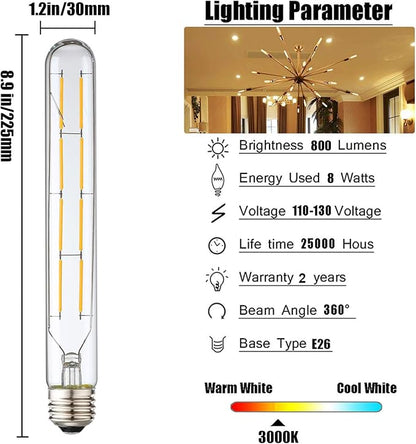 Leools T10 Led Bulb,8W Dimmable Edison Led Tubular Bulb T10/T30,8.9 Inch Long Tubular Light Bulb,800LM,75 Watt Equivalent, Soft White 3000K,E26 Base,4-Pack.