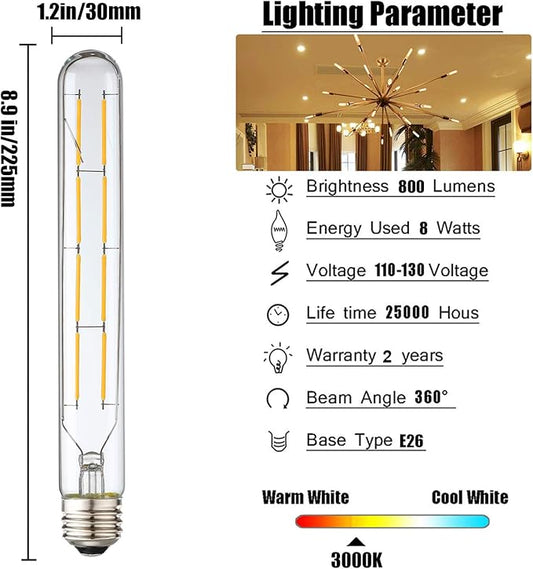 Leools T10 Led Bulb,8W Dimmable Edison Led Tubular Bulb T10/T30,8.9 Inch Long Tubular Light Bulb,800LM,75 Watt Equivalent, Soft White 3000K,E26 Base,4-Pack.