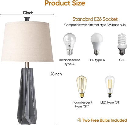 WIHTU 3 Color Temperature Table Lamps Set of 2, 27'' Grey Modern Table Lamp for Living Room, Beside Lamp with Linen Shade, Resin Desk Lamp for Nightstands Bedroom Decor (2 Bulbs Included)