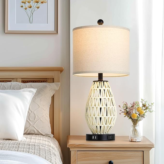 Touch Control Rattan Table Lamps, 3 Way Dimmable Bedside Lamps for Bedroom Set of 2 with 2 USB Ports and AC Outlet, Wicker Nightstand Lamps for Living Room (LED Bulbs Included), White