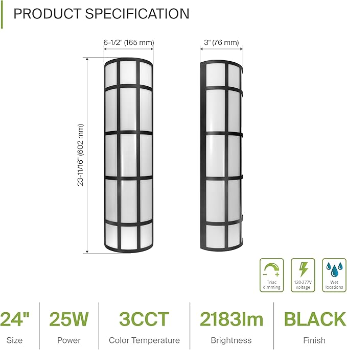 ASD 24 Inch LED Outdoor Wall Mount Light Fixture with Grid - Matte Black Modern Wall Sconce - 25W 120-277V 3000K 4000K 5000K Adjustable - Dimmable Exterior Lights - Front Door, Patio - ETL