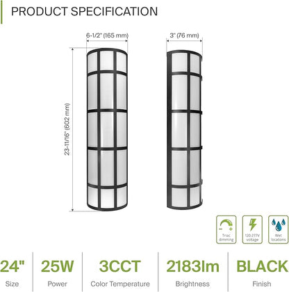 ASD 24 Inch LED Outdoor Wall Mount Light Fixture with Grid - Matte Black Modern Wall Sconce - 25W 120-277V 3000K 4000K 5000K Adjustable - Dimmable Exterior Lights - Front Door, Patio - ETL