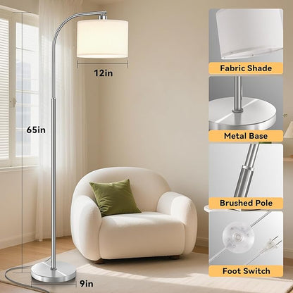 Floor Lamp for Living Room,65'' Modern Standing Lamps with 9W LED Bulb,Silver Tall Floor Light with Fabric Shade,3 Color Temperatures Tall Lamp for Bedroom Office Study Room Corner Dining Room