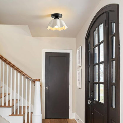 2 Pack Semi Flush Mount Ceiling Light - Flower Glaze Ceramic, Black Vintage Hallway Light Fixtures, White Globe Ceiling Lights, Mid Century Small Light Fixture for Cottage Entryway Laundry Room Foyer