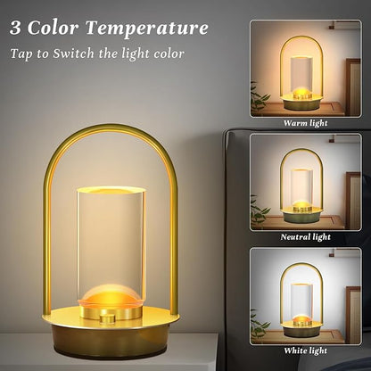 Portable Metal Table Lamp for Outdoor Indoor 3 Colors Cordless Table Lamp Rechargeable Dimmable Battery Powered Small Desk Lamps Crystal Lantern Lamps for Patio Bedroom Restaurant Bar Camping(Gold)
