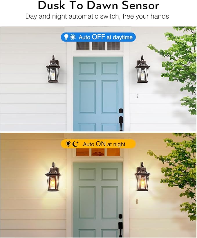 VIANIS Outdoor Wall Light Fixtures, Aluminum Dusk to Dawn Outdoor Lighting with Tempered Glass, Weatherproof Exterior Lighting Fixtures, Oil-Rubbed Bronze Gold Trim Front Porch Light for Door, Patio