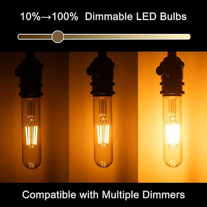 T10 Tubular Led Bulbs 60w Equivalent, Dimmable 5.25 Inch Led Tube Bulb, E26 T30 Edison Tubular Clear Light Bulbs, 2200K Warm Light Long Skinny 6W 10 Pack