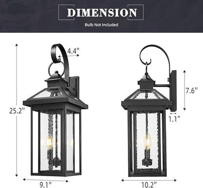 zeyu Medium Outside Wall Light Fixture, 25.2'' Industrial Porch Wall Light for Garage in Black Finish, Die-Cast Aluminum with Seeded Glass Shade, ZW114BM BK
