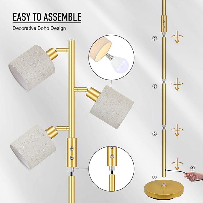 Gold Floor Lamps for Living Room, 3 Color Temperature, 3 Light Tree Standing Lamp, Minimalist Corner Floor Lamp with Lamp Shades Modern Pole Lamp for Bedroom Office Kids Room, Reading (5W LED Bulbs)