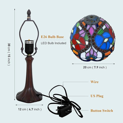 Tiffany Style Table Lamp Heart Rose Floral Vintage Bedside Table Light Desk Lamps Accent Small Lamp 15" Tall 8" Wide Reading Lamp with Color Changing LED Bulb