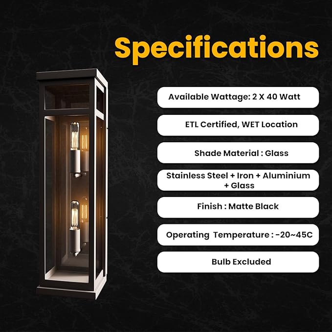 LEDMyplace Outdoor Sconce Light - 40W Rectangular Black Outdoor Wall Sconce with Clear Glass Panels - Two E12 Socket, High CRI, IP65, ETL Listed, Modern Exterior Light Fixture (22.25" H x 5.5" W)