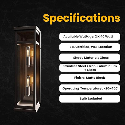 LEDMyplace Outdoor Sconce Light - 40W Rectangular Black Outdoor Wall Sconce with Clear Glass Panels - Two E12 Socket, High CRI, IP65, ETL Listed, Modern Exterior Light Fixture (22.25" H x 5.5" W)