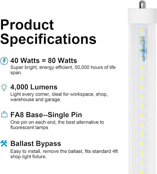 8ft T8 LED Bulbs 40W 80W Equivalent, 6000k Cool White 4000LM, FA8 Single Pin Tube Light, Dual-End Power Ballast Bypass, T8 T10 T12 Fluorescent Replacement, Clear Cover ETL Listed, 20-Pack
