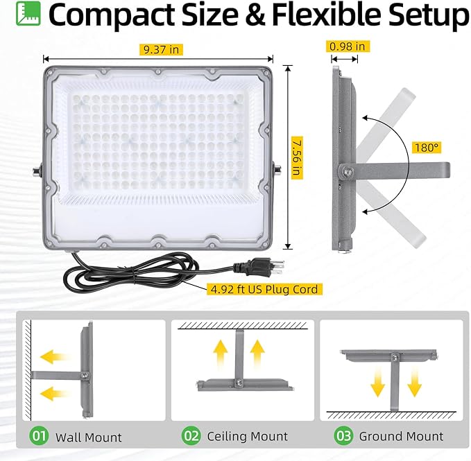 WeDo RGB LED Flood Light 150W Equivalent – 60W Plug-in Outdoor Color-Changing Spotlight with Remote, 4 Modes, 8-Level Dimming, IP65 Waterproof for Garden, Landscape, Wall Wash
