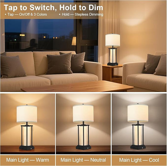 26.8‘’ Modern Table Lamps, Bedside Lamps, Night Stand Lamp, Table Lamp with USB Port, Elegant Lamps for Bedroom, 3 Color Temperatures, Stepless Dimming(Bulbs Included) - 1 Pack