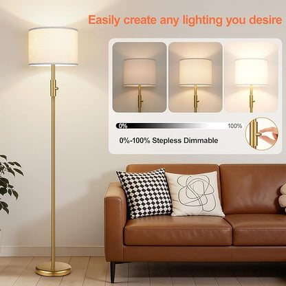 【Upgraded】 Dimmable Gold Floor Lamps for Living Room, 11W LED Bulb Included, Modern Standing Lamp with White Lamp Shade, Tall Pole Light for Bedroom Reading Office Corner Nursery