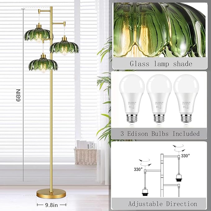 Glass Floor Lamp for Living Room,Bedroom,Mid Century Modern Standing Lamp Brass Tree 3 Light Tall Floor Lamps Vintage Retro Floor Lights Gold Green Flower Lamp Shade Farmhouse Boho Bohemian