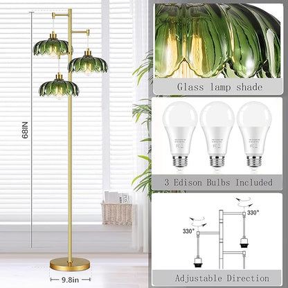 Glass Gold Floor Lamp for Living Room,Bedroom,Mid Century Modern Standing Lamp Brass Tree 3 Light Tall Floor Lamps Vintage Retro Floor Lights Green Flower Lamp Shade Farmhouse Boho Bohemian