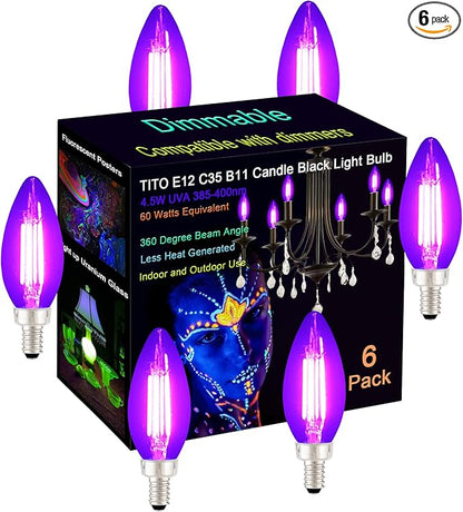 TITO 6 Pack E12 B11 Dimmable Filament LED Candle Black Light Bulbs, UVA 395nm 4.5W Candelabra Black Light Bulb, 60W Blacklight Bulb Equivalent, Glow in Dark Halloween Christmas Party Fluorescent Decor