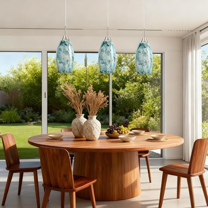 Oval Glass Lamp Shade for Pendant Lights, Blue Glass Lampshades Cover Replacement for Kitchen Island Hanging Ceiling Chandelier, 7.64x4.71" with 1.65" Fitter, Light Bulb Fixture Cover 3 Pack